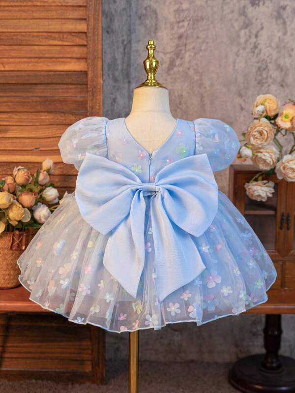 SHEIN Glamorique Kids Flower Girl, Birthday Party, Wedding Festival Dress - Blue Puff Sleeve Dress For Baby Girls, Removable Big Bowknot, Floral Princess Dress, Lightweight For Summer, Beach, Tropical
