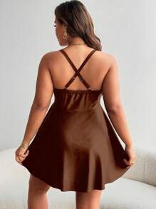 Swim Lushoire Women Plus Size Black Swimdress With Ruffled Tie-Up Front For Summer Beach Vacation - Brown - View 2