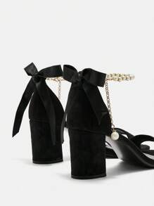 CUCCOO CURVES Women's Plus Size Black Strap Faux Pearl Chain Ankle Strap Comfortable Classic Peep Toe High Heel Sandals, Wide Fit - Black - View 9