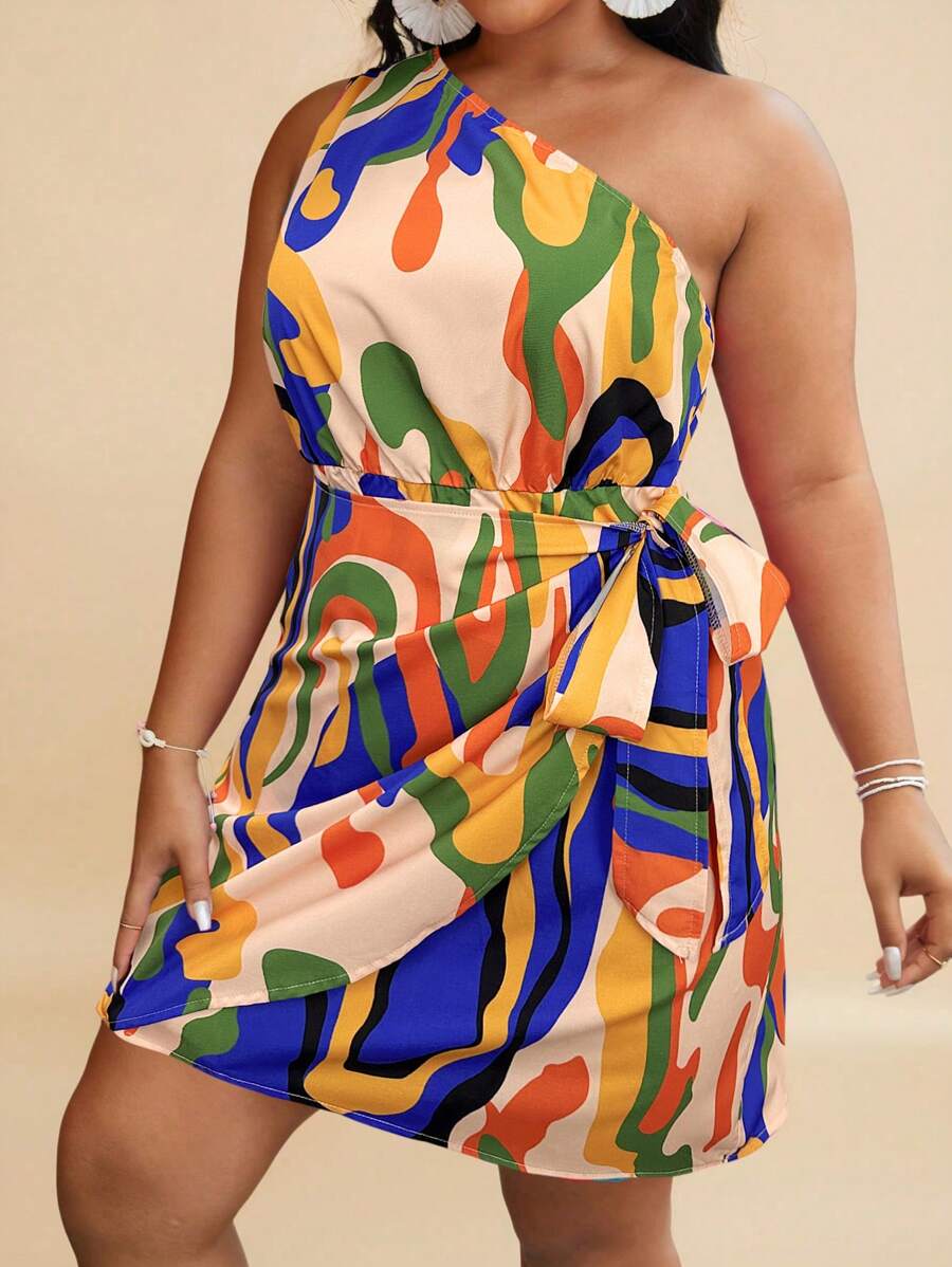 Travachic Plus Allover Print One Shoulder Knot Side Wrap Hem Summer Dress - Apricot - View 1