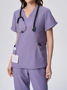 Scrubzie 2 件套女士手术服制服上衣，V 领，带口袋，带抽绳裤，抗皱