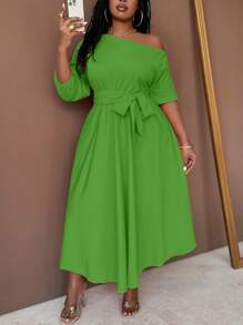 Maweii Plus Size Women Woven Asymmetrical Asymmetrical Neck Belted A-Line Dress Maxi Women Outfit - Lime Green - View 1