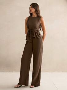 SHEIN Tall Women's Summer Elegant Dark Brown Office Two Pieces Set,Business Casual Solid Asymmetric Hem Vest Suit Pants,Old Money Style Fairy Teacher Outfit, Tall Women - Brown - View 6