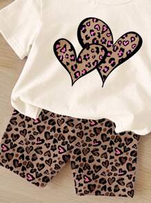 SHEIN 2pcs/Set Young Girls Casual Loose Fit Heart & Leopard Print Short Sleeve T-Shirt And Shorts Outfit Set, Summer