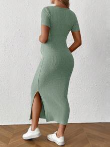 SHEIN Maternity Square Neck Short Sleeve Split Side Casual Bodycon Dress - Green - View 2