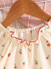 SHEIN Baby Girl 2pcs Pajama Set, Cream Base With Pink Rose Print, Ruffle Hem, Short Sleeve Top And Long Pants, Comfortable Loungewear - Apricot - View 6