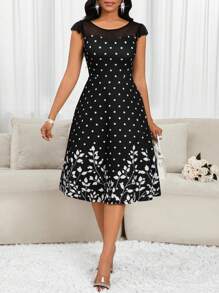 SHEIN Lady Vestido de fiesta con estampado de lunares y flores, de manga corta y con inserciones de rejilla, ideal para primavera y verano - Negro - Ver 6