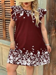 SHEIN VCAY Plus Size Casual Summer Floral Print Ruffle Trim Loose Dress Plus Size Christmas - Burgundy - View 4