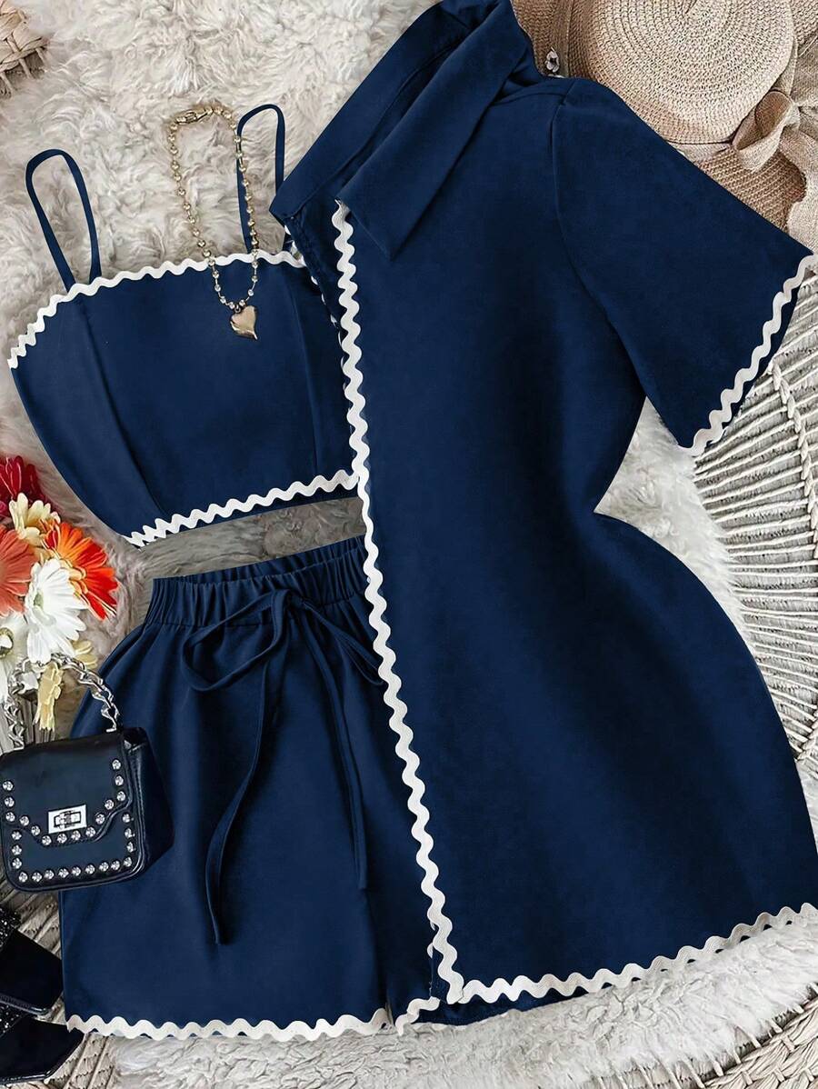 GlowEve 3 件套女士夏季休闲撞色吊带上衣、短裤和衬衫套装