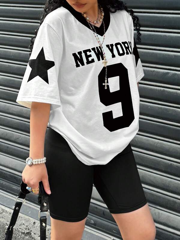 SHEIN Set de două piese pentru fetiță adolescente/negru alb/ocazional și versatil/primăvară și vară/tricot Culoare uni Fir de colegiu Culoare contrastată Decolteu în V Casual Minimalist Tricou cu mânecă scurtă și pantaloni scurți pentru ciclism, înapoi la școală, ocazional
