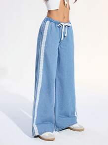 SHEIN EZwear 女士蕾丝边松紧腰直筒牛仔裤，浅色水洗，休闲日常穿着 - 淺色水洗藍 - 查看 5