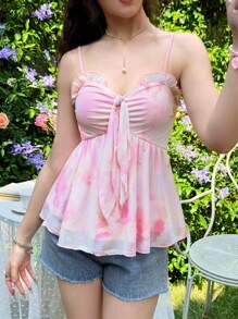 SHEIN Teen Girls' Loose Casual Comfy Floral Print Ruffle Trim Camisole - Pink - View 4