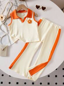 SHEIN 2pcs/Set Girls 3D Floral Knitted Color Blocking Polo Vest And Flared Pants, Summer Outfit