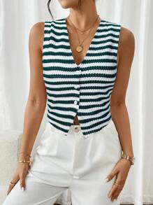 SHEIN Frenchy Women's Striped Single-Breasted V-Neck Casual Versatile Top Summer Green