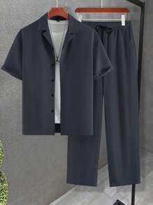 Manfinity Homme 宽松男士纯色翻领衬衫和裤子套装，舒适服装 - 深灰色 - 查看 3