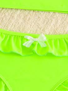 SHEIN 2pcs/Set Girls Cute Swimsuit, Pink, Ruffled Butterfly Tankini Top With Straps And Ruffle Trim Shorts - Green - View 3