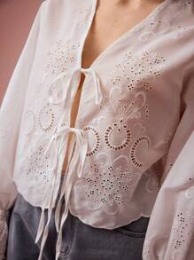 Enchnt Women's White Autumn Boho Vacation Holiday Exquisite Floral Eyelet Cut-Out Embroidered Front Bowknot Long Sleeve Ruffle Trim Shirt,Casual - White - View 2