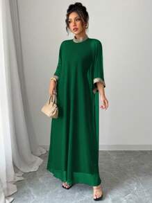 Elenzga Women's Elegant Woven Ribbon Decor Batwing Sleeve Dress - Green - View 3