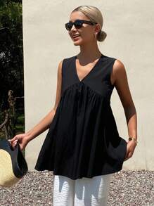 Livesso Solid Color V-Neck Sleeveless Loose Casual Summer Tank Top For Women Babydoll Top