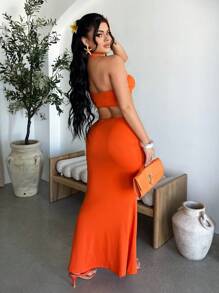 SHEIN SXY 夏季性感纯色镂空露背V领连衣裙