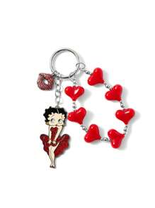 Betty Boop x SHEIN Móc khóa trang trí hình môi đính đá họa tiết hoạt hình, hình trái tim, làm thủ công từ hạt cườm, quà tặng, ý tưởng quà tặng, tiệc tùng, ngày lễ, Ngày Valentine - Màu Đỏ Sâu - Xem 4