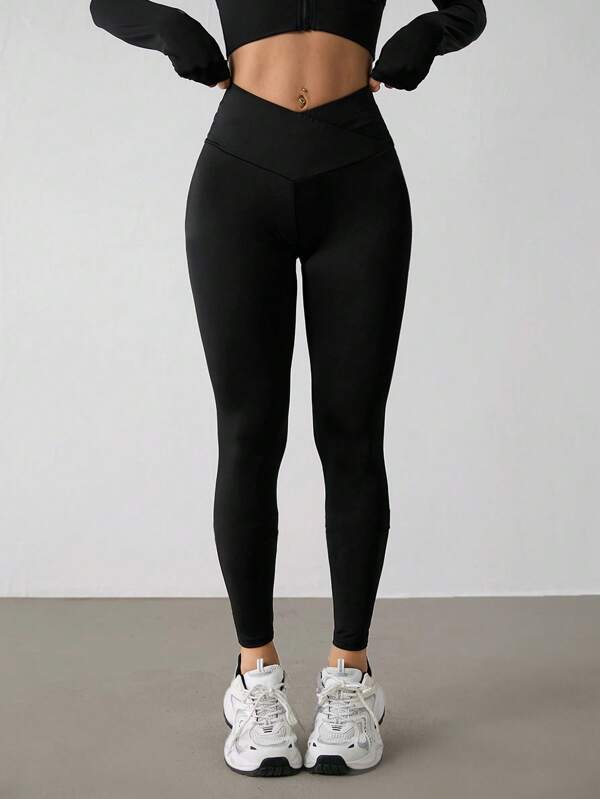 SHEIN PETITE Women's Solid Color V-Waist Elastic Skinny Pants