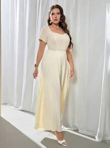 Firerie 大码女式春夏舒适休闲优雅度假新品办公室/工作通勤百褶宽松弹力连体裤 - 杏色 - 查看 2