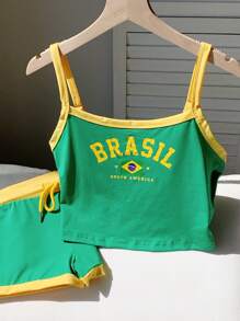 Comfortcana Conjunto de top corto y pantalón corto de ajuste delgado con impresión de letras en colores de la bandera de Brasil para verano
