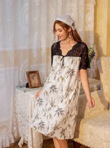 CottageSlumber Women Bamboo Print & Lace Short Sleeve Sleep Dress Holiday Season - Multicolor - View 6