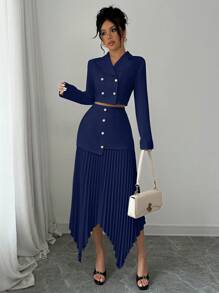 Elenzga 女士 2 件套：领口修身双排扣短款夹克 + 褶皱拼布不对称裙子，优雅