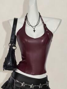 SHEIN ICON Women's Solid Color Minimalist Sleeveless Spaghetti Strap Backless PU Leather Y2K Holiday Party New Year Crop Top, Casual Everyday Wear, Wine Red,Rave Top