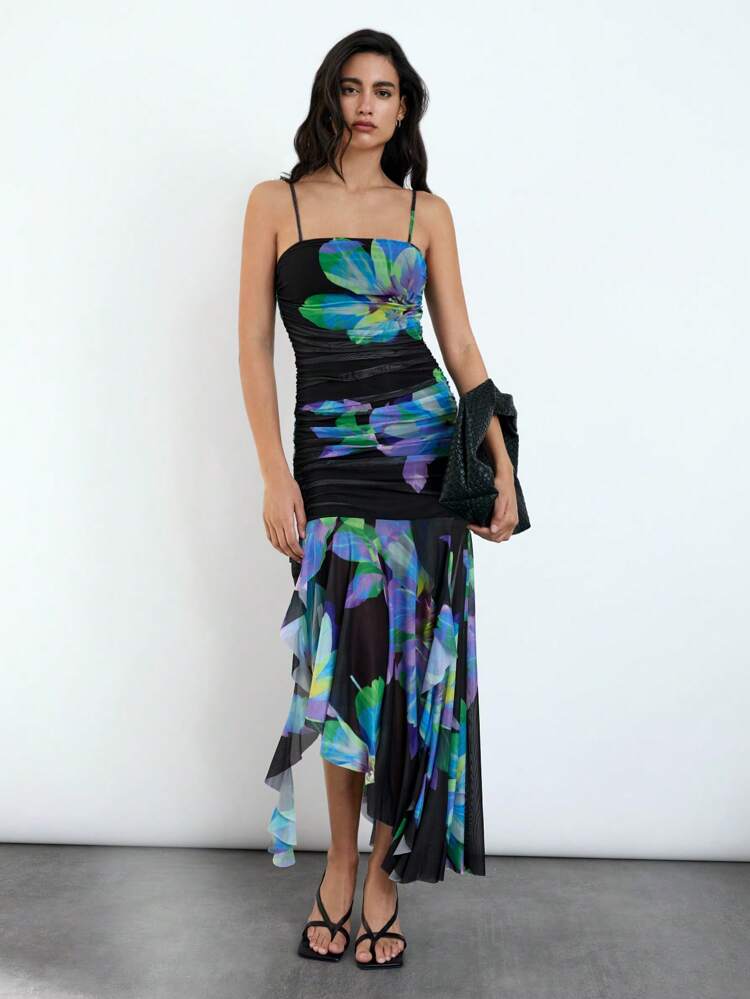 SHEIN Maija 2015 Summer New Modern Elegant Business Casual Graduation Season Brunch Wedding Guest Daily Versatile Laser Holograph Large Floral High-Slit Ruffle Hem Adjustable Strap Mesh Dress, Suitable For Easter, Music Festival