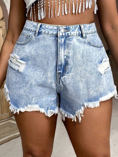 SHEIN SXY 大码休闲牛仔短裤，夏季时尚