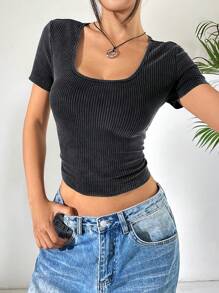 SHEIN EZwear 黑色针织女士修身T恤，夏季时尚 - 灰色 - 查看 1