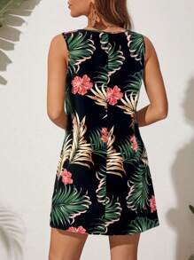 SHEIN VCAY Vestido sin mangas de cuello redondo con estampado tropical de vacaciones