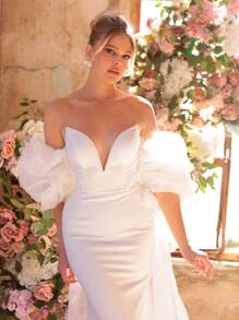 Glamrae Elegant White Stretchy Knit Strapless Mermaid Style (Detachable 2 Pieces) Exaggerated 3D Ruffle Trailing Bridal Wedding Gown, Bride - White - View 5