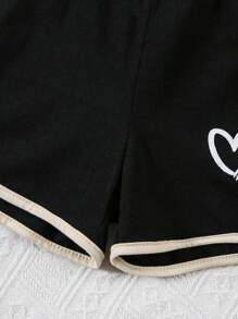 SHEIN 2pcs/Set Young Girl Heart Print Round Neck Short Sleeve T-Shirt And Shorts Casual Outfit Young Girls Clothes - Apricot - View 6