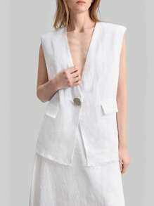 Ontre 100% 纯亚麻金属装饰纽扣都市休闲女式背心夹克，无袖亚麻米色西装背心，适合春季 - 白色 - 查看 2