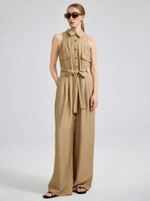 Ontre Damen minimalistische einfarbige Hemdkragen-Ärmellos-Jumpsuit mit Klaschentasche und Gürtel - Khaki - Übersicht 5
