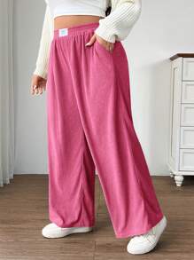 SHEIN EZwear 大码女式秋冬高腰宽松阔腿裤，卡其色灯芯绒面料，口袋和贴片设计，适合校园、日常穿着和室内办公室穿着 - 玫紅色 - 查看 6