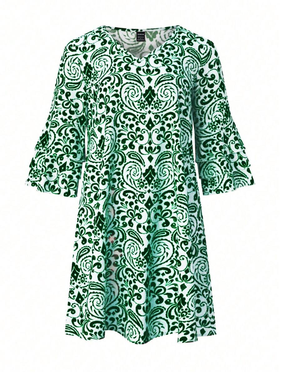 EMERY ROSE Women's Fashion Print Ruffle Sleeve V-Neck Dress - Dark Green - View 1