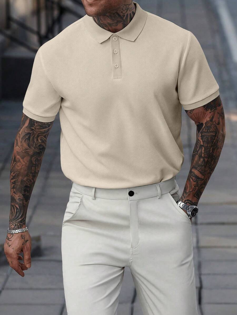 Manfinity CasualCool 男士撞色短袖Polo衫和裤子休闲通勤套装男士Polo衫男士短款服装Polo T恤男士夏季服装男士夏季服装 - 米色 - 查看 1