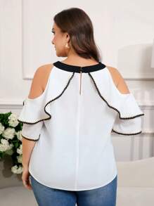 SHEIN Clasi Chemise d'été élégante à manches courtes avec bloc de couleurs et nœud pour femmes grandes tailles. Blouses d'été, hauts de printemps, hauts de travail pour femmes - Noir et Blanc - Voir 2