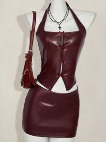 SHEIN ICON 2pcs Set: Fitted Bowknot Decor PU Halter Crop Top & Mini Skirt - Burgundy - View 1