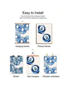 3 件套无框蓝色幸运台球迪斯科球黑胶唱片复古海报极简主义学院风艺术美学帆布画印刷时髦墙壁画适用于客厅、卧室、宿舍、公寓、起居室、现代家居装饰 - 彩色 - 查看 2