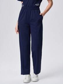 Scrubzie 2pcs Women Contrast Color Multi-Pocket Short Sleeve Top And Long Pants Uniform Set - Navy Blue - View 5