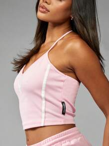 Missguided x Playboy Top corto de entrenamiento con cuello de halter y logotipo distintivo, estilo de sujetador deportivo atlético, top sin mangas de verano, ropa de ocio deportivo, atuendo de entrenamiento de estilo Y2K, ropa de estar en casa