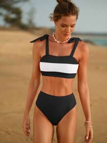Swim Mod Contrasting Color Splicing Bikini Swimsuit For Summer Beach Vacation - Black and White - View 6