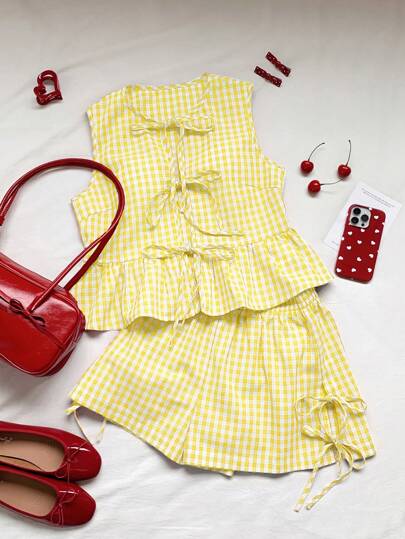 Comfortcana 大码红白格子系带3蝴蝶结上衣和短裤两件套，夏季