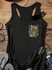 SHEIN LUNE Minimalist Casual Vintage Skull And Floral Graphic Plus Size Sleeveless Tank Top, Suitable For Summer - Black - View 3